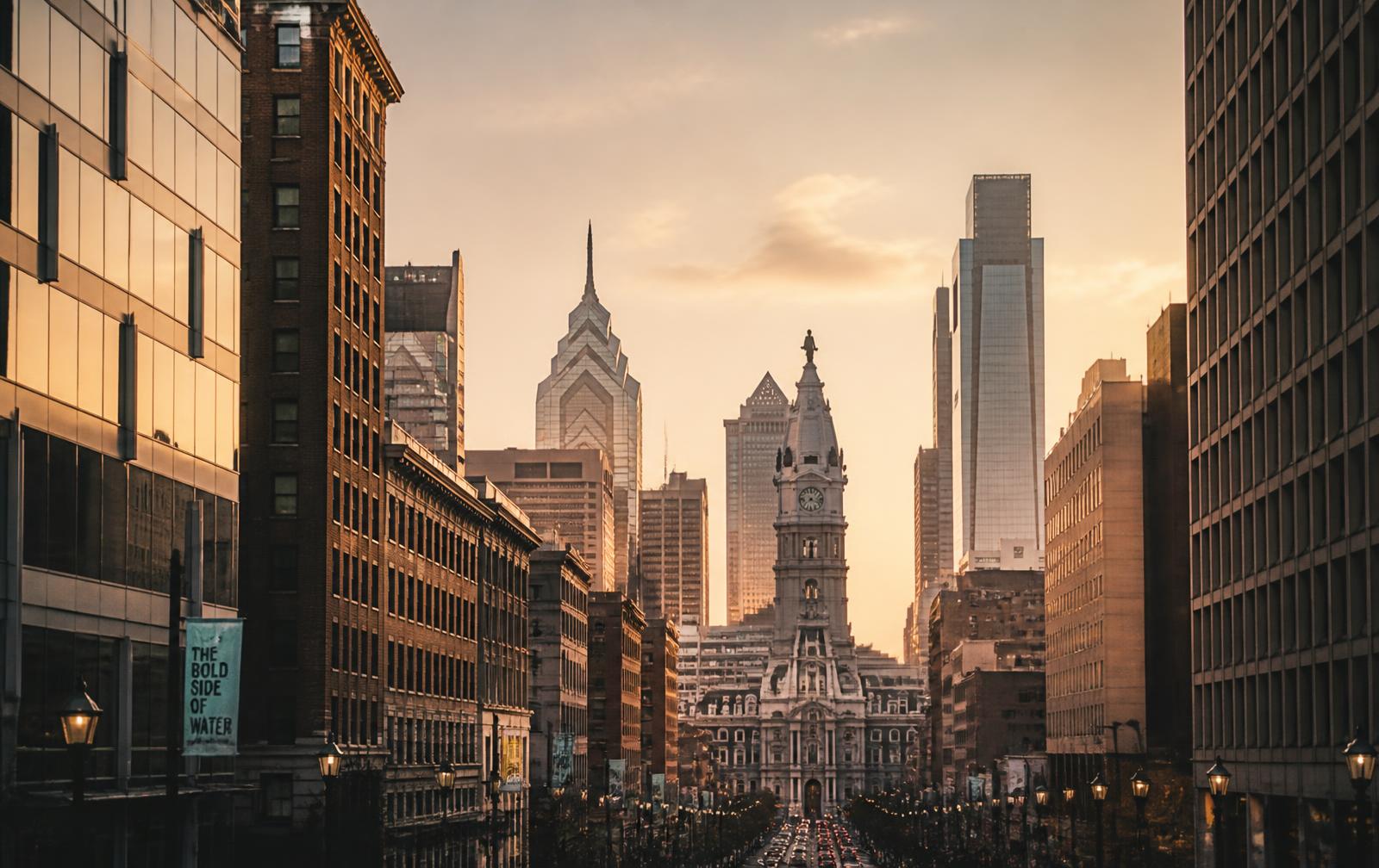 Philadelphia Center City skyline along Market Street at golden hour